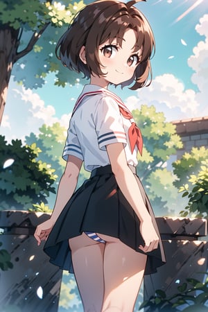 1girl, solo, master pieceextremely detailed face, perfect lighting, extremely detailed CG, (perfect hands, perfect anatomy), two legs, 5 fingers, 

loli, sasaki_rika, 1girl, solo, brown hair, brown eyes, short hair, 

white shirt, short sleeves, (red neckerchief), black skirt, collarbone, white socks,

outdoor, cherry blossom, standing, view from behind, looking at viewer, smile, looking down, striped thong, (white and blue), embarrased,