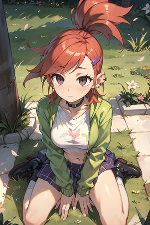 1girl, solo, master piece, extremely detailed face, perfect lighting, extremely detailed CG, (perfect hands, perfect anatomy), two legs, 5 fingers,

frankie foster, small breasts, navel, piercing, skirt, ear piercing, red hair, large breasts, black eyes, green jacket, hair ornament, hairclip, midriff, jacket, choker, shirt, black choker, cropped shirt, purple skirt, white shirt, crop top, ponytail, long sleeves, jewelry, earrings, print shirt, open clothes, bangs, short hair, from above, kneeling,

Outdoors,  cherry_blossom, puffy cheeks, full-face blush, looking_at_viewer, 