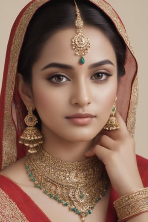 Create a stunning portrait of a young Indian woman showcasing traditional beauty using tensor art. Emphasize the intricate details of her features, such as the shape of her eyes, the curve of her lips, and the graceful contour of her face. Incorporate elements of Indian culture and adornments like intricate henna designs, traditional jewelry, or elegant drapery. Capture the essence of her radiance and grace, celebrating the rich diversity and timeless allure of Indian beauty.