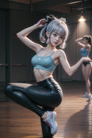 KAMISATOAYAKADEF, 15 year old girl, blue clothes, silver hair, bralette, High-waisted dance leggings, sneakers, dance studio