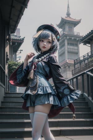 qiqi (genshin impact), 12 year old girl, cute, innocent, slim, ofuda, jiangshi, qing guanmao, braid, blue hair, long hair, red eyes, hair ornament, earrings, bead necklace, jewelry, long sleeves, wide sleeves,white thighhighs, chinese clothes, shorts, standing, stairs, outdoors, liyue city, cowboy_shot