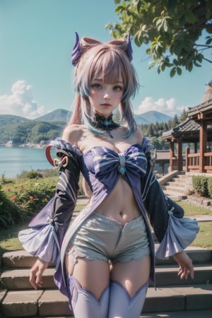 sangonomiya kokomi (sparkling coralbone), 15 year old girl, cute, innocent, slim,  

no pupils, sangonomiya kokomi, breasts, pink hair, thighhighs, gloves, bow-shaped hair, cleavage, shorts, blush, purple eyes, bangs, long hair, bare shoulders, white gloves, white shorts, shorts bow, navel, vision (genshin impact), frills, blunt bangs, detached collar, multicolored hair, frilled sleeves, half gloves, white thighhighs, hair ornament, wide sleeves, bowtie, purple thighhighs, medium breasts, closed mouth, blue hair, thighs, long sleeves, detached sleeves,

standing, stairs, outdoors, shore, cowboy_shot,