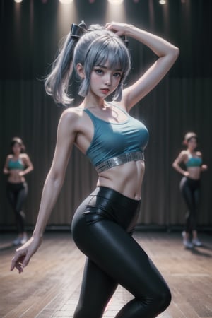 KAMISATOAYAKADEF, 15 year old girl, blue clothes, silver hair, sports bra, leggings, dance paws, wrap top for warm-up, dance studio, dancing