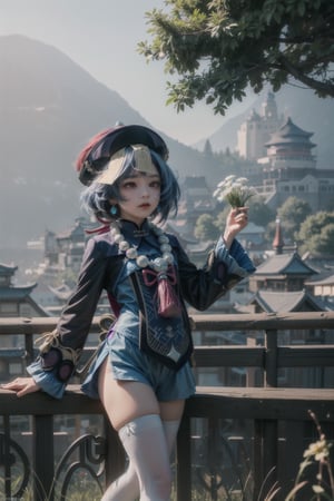 qiqi (genshin impact), 12 year old girl, cute, innocent, slim, ofuda, jiangshi, qing guanmao, braid, blue hair, long hair, red eyes, hair ornament, earrings, bead necklace, jewelry, long sleeves, wide sleeves,white thighhighs, chinese clothes, shortsstanding, prairie, flowers, sunny