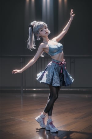 KAMISATOAYAKADEF, 15 year old girl, blue clothes, silver hair, bralette, High-waisted dance leggings, sneakers, dance studio, dancing