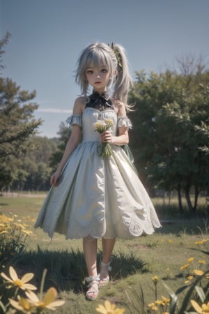 nahidadef, 12 year old girl, cute, silver hair, cute, innocent, slim, standing, prairie, flowers, sunny