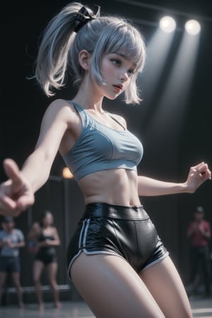 KAMISATOAYAKADEF, 15 year old girl, blue clothes, silver hair, sports bra,
High-waisted dance shorts, dance paws, wrap top for warm-up, dance studio 