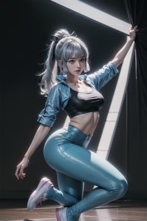 KAMISATOAYAKADEF, 15 year old girl, blue clothes, silver hair, bralette, High-waisted dance leggings, sneakers, dance studio, dancing