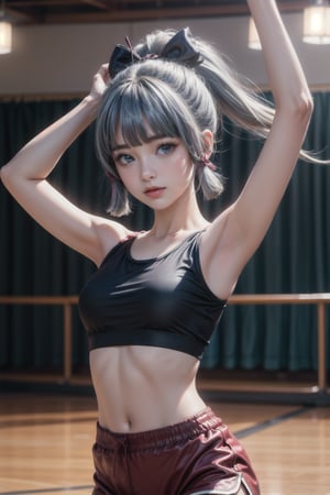 KAMISATOAYAKADEF, 15 year old girl, blue clothes, silver hair, sports bra,
High-waisted dance shorts, dance paws, wrap top for warm-up, dance studio 