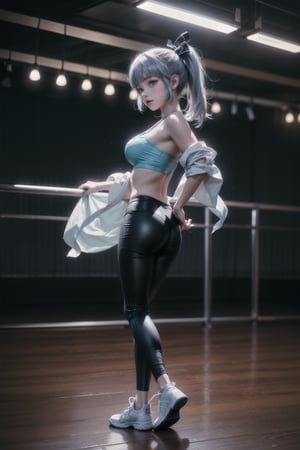 KAMISATOAYAKADEF, 15 year old girl, blue clothes, silver hair, bralette, High-waisted dance leggings, sneakers, dance studio, dancing