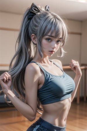 KAMISATOAYAKADEF, 15 year old girl, blue clothes, silver hair, sports bra,
High-waisted dance shorts, dance paws, wrap top for warm-up, dance studio 