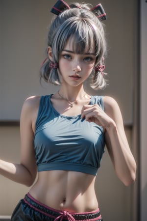 KAMISATOAYAKADEF, 15 year old girl, blue clothes, silver hair, sports bra,
High-waisted dance shorts, dance paws, wrap top for warm-up, dance studio 