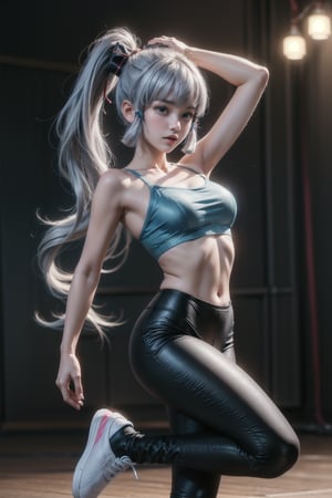 KAMISATOAYAKADEF, 15 year old girl, blue clothes, silver hair, bralette, High-waisted dance leggings, sneakers, dance studio