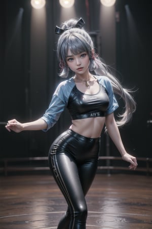 KAMISATOAYAKADEF, 15 year old girl, blue clothes, silver hair, bralette, High-waisted dance leggings, sneakers, dance studio, dancing