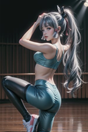 KAMISATOAYAKADEF, 15 year old girl, blue clothes, silver hair, bralette, High-waisted dance leggings, sneakers, dance studio, dancing