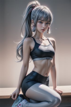 KAMISATOAYAKADEF, 15 year old girl, blue clothes, silver hair, bralette, High-waisted dance leggings, sneakers, dance studio, dancing