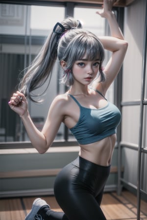 KAMISATOAYAKADEF, 15 year old girl, blue clothes, silver hair, bralette, High-waisted dance leggings, sneakers, dance studio