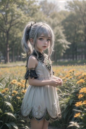 nahidadef, 12 year old girl, cute, silver hair, cute, innocent, slim, standing, prairie, flowers, sunny