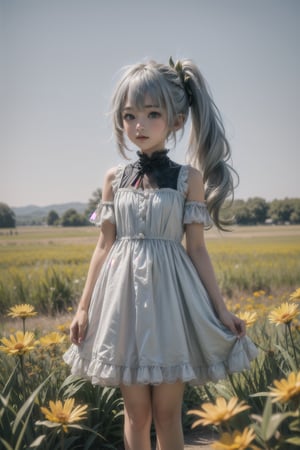 nahidadef, 12 year old girl, cute, silver hair, cute, innocent, slim, standing, prairie, flowers, sunny