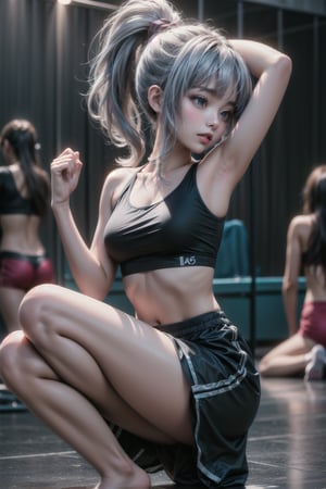 A dynamic shot of Kamisato Ayaka, a 15-year-old dancer, dressed in a striking ensemble. She wears a blue sports bra and high-waisted dance shorts with silver hair styled in loose waves. Her feet are clad in dance paws as she takes a moment to warm up, wrapped in a comfortable wrap top. The camera captures her in the heart of a bustling dance studio, the walls lined with mirrors and bars, as she prepares for an intense practice session.