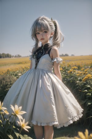 nahidadef, 12 year old girl, cute, silver hair, cute, innocent, slim, standing, prairie, flowers, sunny