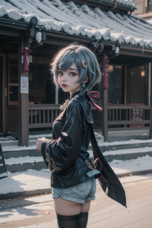 qiqi (genshin impact), 12 year old girl, cute, innocent, slim, ofuda, jiangshi, qing guanmao, braid, blue hair, long hair, red eyes, hair ornament, earrings, bead necklace, jewelry, long sleeves, wide sleeves,white thighhighs, chinese clothes, shorts, standing, stairs, outdoors, liyue city, cowboy_shot