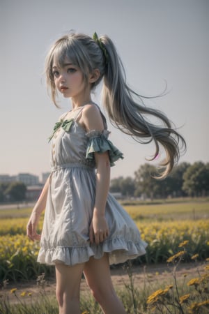 nahidadef, 12 year old girl, cute, silver hair, cute, innocent, slim, standing, prairie, flowers, sunny