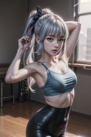 KAMISATOAYAKADEF, 15 year old girl, blue clothes, silver hair, bralette, High-waisted dance leggings, sneakers, dance studio, dancing