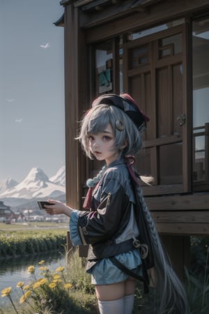 qiqi (genshin impact), 12 year old girl, cute, innocent, slim, ofuda, jiangshi, qing guanmao, braid, blue hair, long hair, red eyes, hair ornament, earrings, bead necklace, jewelry, long sleeves, wide sleeves,white thighhighs, chinese clothes, shortsstanding, prairie, flowers, sunny