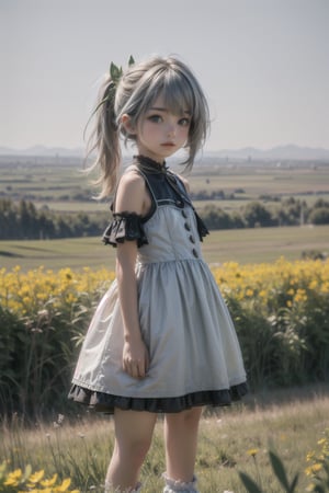 nahidadef, 12 year old girl, cute, silver hair, cute, innocent, slim, standing, prairie, flowers, sunny