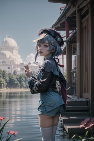 qiqi (genshin impact), 12 year old girl, cute, innocent, slim, ofuda, jiangshi, qing guanmao, braid, blue hair, long hair, red eyes, hair ornament, earrings, bead necklace, jewelry, long sleeves, wide sleeves,white thighhighs, chinese clothes, shortsstanding, prairie, flowers, sunny