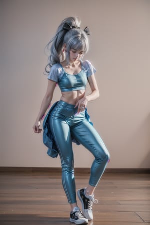 KAMISATOAYAKADEF, 15 year old girl, blue clothes, silver hair, bralette, High-waisted dance leggings, sneakers, dance studio, dancing