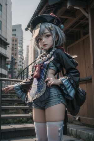 qiqi (genshin impact), 12 year old girl, cute, innocent, slim, ofuda, jiangshi, qing guanmao, braid, blue hair, long hair, red eyes, hair ornament, earrings, bead necklace, jewelry, long sleeves, wide sleeves,white thighhighs, chinese clothes, shorts, standing, stairs, outdoors, liyue city, cowboy_shot