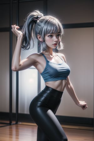 KAMISATOAYAKADEF, 15 year old girl, blue clothes, silver hair, bralette, High-waisted dance leggings, sneakers, dance studio, dancing