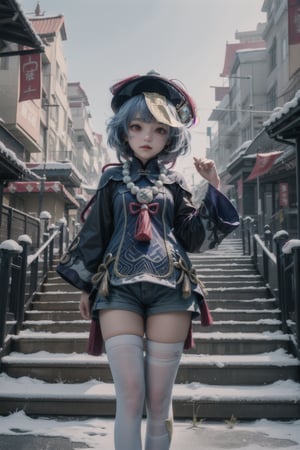 qiqi (genshin impact), 12 year old girl, cute, innocent, slim, ofuda, jiangshi, qing guanmao, braid, blue hair, long hair, red eyes, hair ornament, earrings, bead necklace, jewelry, long sleeves, wide sleeves,white thighhighs, chinese clothes, shorts, standing, stairs, outdoors, liyue city