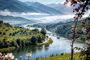 specter,post apocalyptic,spring breeze, peach blossoms, spring grass, Yangtze River, green willows, real landscape,Landskaper,Nature