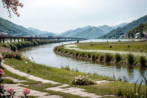 specter,post apocalyptic,spring breeze, peach blossoms, spring grass, green willows along the Yangtze River bank, blurry background, real landscape,Landskaper,Nature,traditional media, no humans