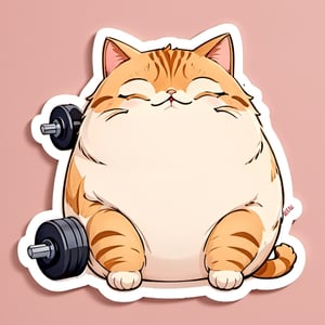 sticker ,fat cat, dumbbell , lazy, closed eyes, cute