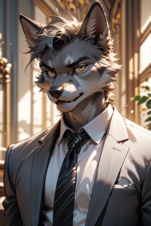  score_9, score_8_up, score_7_up, male, anthro fox (grey fur), lithe build, formal shirt and tie