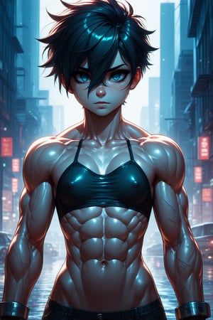 Score_9, Score_8_up, Score_7_up, by: kanel, 
by:0r0ch1, an anime-style image,volumetric_lighting, chiaroscuro_lighting, shaders, dull, neon, (((muscular body, amazing bulk body:1.3 ))) , (((1girl, flat chest,)))