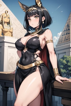 High resolution, extremely detailed, atmospheric scene, masterpiece, best quality, 64k, high quality, (HDR), HQ, vibrant colors, 1girl, score_9, score_8_up, score_7_up, 1girl, cel shading, Egyptian dress, long elegant blonde hair, petite build,, (very thin and large breasts), thick thighs, thick eyelashes, long eyelashes, black Egyptian dress, pleated cape with gold trim, gold headdress with diamonds, silver heels + Egyptian laces), (black hair, short hair, blunt bangs), (black hair, short hair, blunt bangs), Egyptian earrings, Egyptian choker, bracelets, gold bangles, necklace, belt and bracelets, outdoor, pyramids in background
