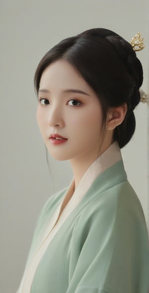 A 20-year-old Korean young lady in a traditional, elegant Hanbok, showcasing a more natural and realistic appearance. The Hanbok is in tasteful pastel colors, enhancing her subtle beauty. This image aims to capture a high level of realism, akin to a photograph taken with a Hasselblad camera. It includes fine details such as distinct pores on her forehead and cheeks, a small scar on her chin from a childhood accident, and a slightly asymmetrical mouth and eyes. The overall look should be a harmonious blend of cultural elegance and realistic, individual characteristics.",JeeSoo ,yoona