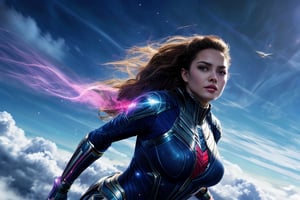 Aurora, the radiant superheroine, stands at the helm of her gleaming vessel, 'Astral Quest', as it pierces the cerulean heavens. The camera captures a thrilling bird's-eye view, with the ship's streamlined silhouette and glowing energy trails accentuated by warm sunlight and bold shadows. Aurora's concentrated gaze and outstretched arms convey determination, while the starry backdrop and wispy clouds add depth to this action-packed scene.