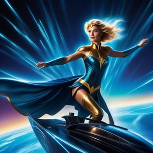 Aurora, the radiant superheroine, stands at the helm of her gleaming vessel, 'Astral Quest', as it pierces the cerulean heavens. The camera captures a thrilling bird's-eye view, with the ship's streamlined silhouette and glowing energy trails accentuated by warm sunlight and bold shadows. Aurora's concentrated gaze and outstretched arms convey determination, while the starry backdrop and wispy clouds add depth to this action-packed scene.