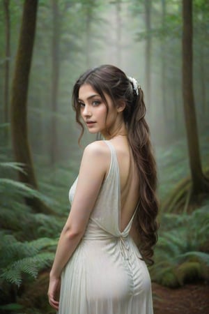 Ana María stands in front of a serene, misty forest, her long, ponytailed hair cascading down her back like a waterfall of silk. The soft, ethereal light filtering through the trees casts a gentle glow on her pale white skin, accentuating the subtle curves of her features. Her eyes gaze softly into the distance, as if lost in thought, amidst the tranquil atmosphere of the misty forest.