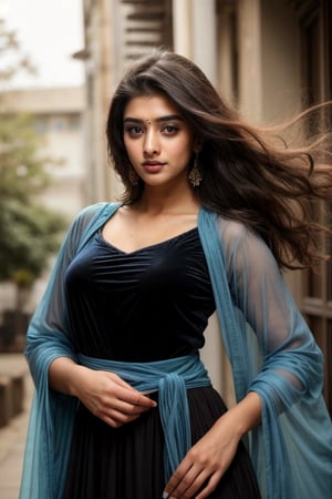 Create a hyper-realistic girl, 20 year old, : lovely cute young attractive teenage girl, cute, an Instagram model, long black_hair, colorful hair, winter, dacing, wear sky blue color salwar kameez, soft eyebrow 