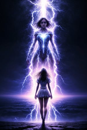 A majestic solo girl stands tall against a dark, void-likewhere vibrant lightning and celestial forces converge. From a high angle, she's bathed in an otherworldly glow, with electric serpents of light coursing up her torso, as if infused with cosmic energy. Vivid thunder flashes illuminate her skin, resembling digital fireflies fluttering across her bodylike tiny stars bursting forth from the darkness.