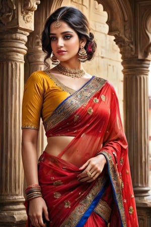 A stunning Indian woman, donning a vibrant red saree with a striking blue border, paired with a bright yellow blouse. Her long, black hair is tied back, revealing her radiant complexion. The camera captures her full-body portrait in meticulous detail, showcasing the soft curves of her figure, reminiscent of a chubby bhabhi look. Hyper-realistic and lifelike, this portrait exudes warmth and elegance, as if the subject has just stepped out of a traditional Indian setting.