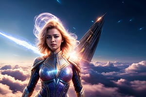 : Aurora, the radiant superheroine, stands at the helm of her gleaming vessel, 'Astral Quest', as it pierces the cerulean heavens. From a thrilling bird's-eye view, the camera captures the streamlined silhouette and glowing energy trails of the ship against warm sunlight and bold shadows. Aurora's concentrated gaze and outstretched arms convey determination, set against the starry backdrop and wispy clouds, adding depth to this action-packed scene.