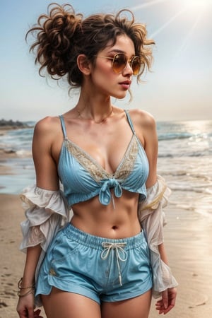 Sun-kissed waves gently lap at the shore as a stunning girl with curly brown hair tied up in two buns and big pouty lips confidently struts along the beach, dressed in a bright blue top and shorts featuring intricate lace patterns on the lower half, paired with oversized sunglasses perched atop her head. As she takes a lick of an ice cream cone, the warm light of the setting sun casts a golden glow over the scene, capturing the carefree essence of a perfect day at the beach.